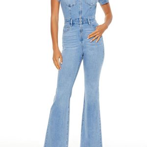 Denim Zip-Up Flare Jumpsuit