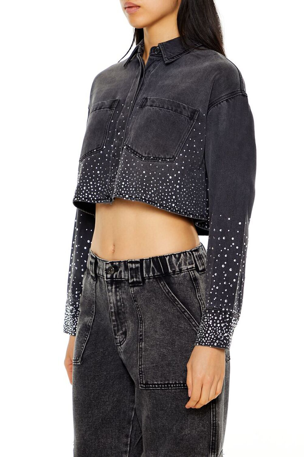 Cropped Rhinestone Denim Shirt - Image 4