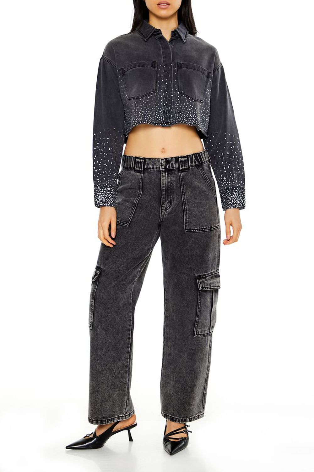 Cropped Rhinestone Denim Shirt - Image 2